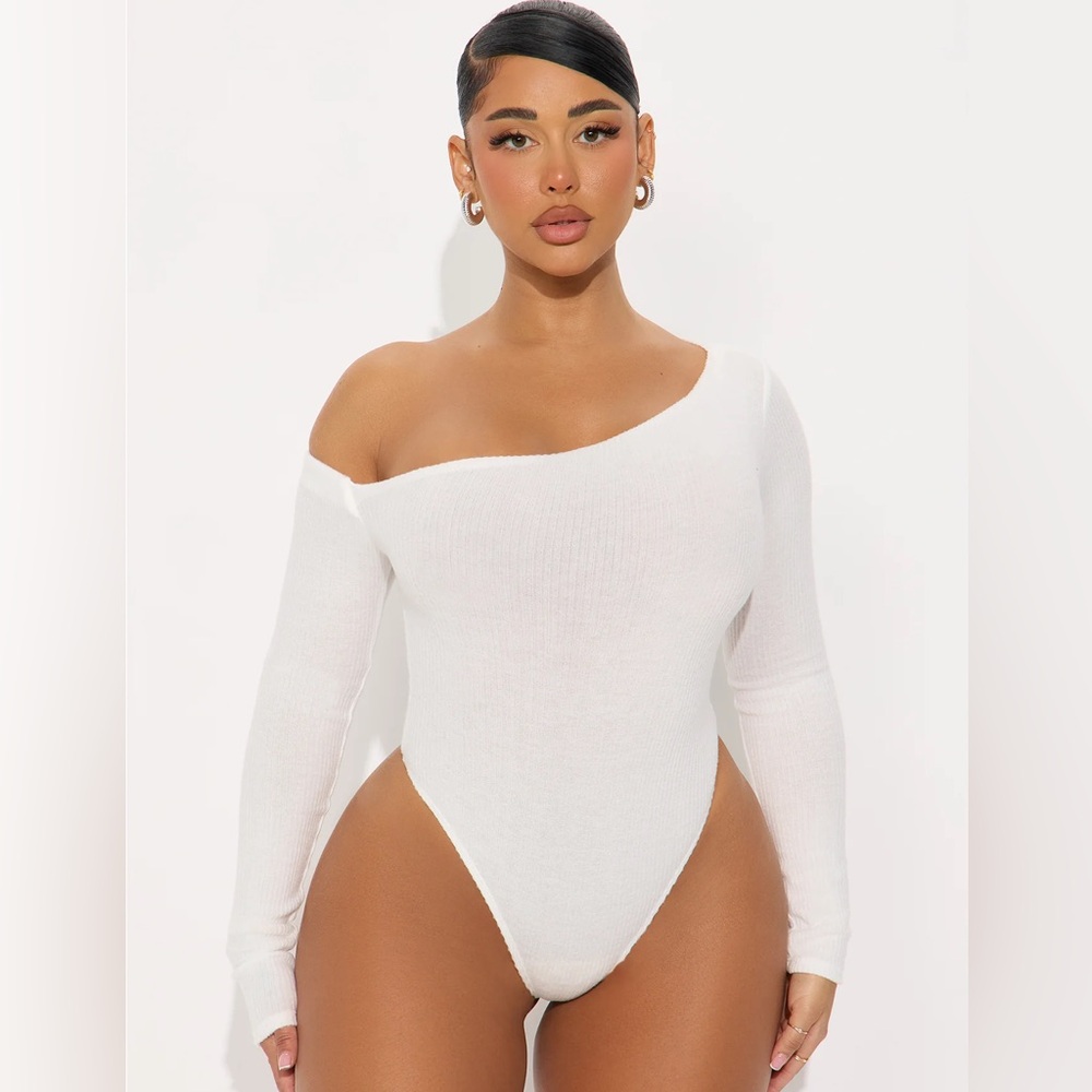 Fashion Nova White One-Shoulder Bodysuit. Naomi Ribbed Bodysuit